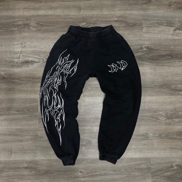 Y2K Breathe Divinity Crazy Gym Black Graphic Sweatpants Flame Design Darcsport - Picture 2 of 8